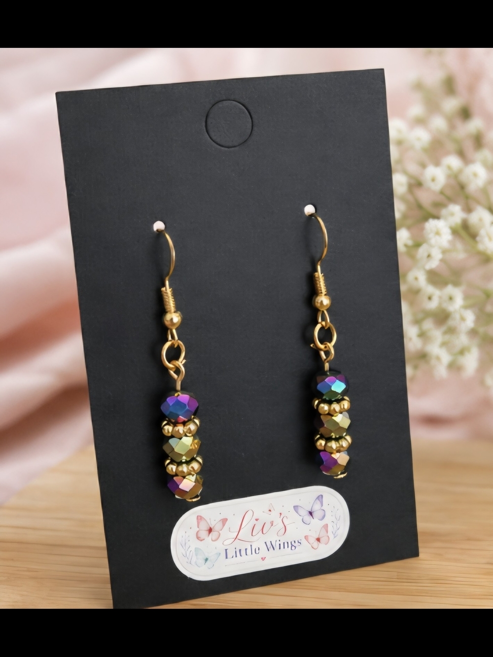 Liv's Little Wings Gold Drop Earrings with Iridescent Beads